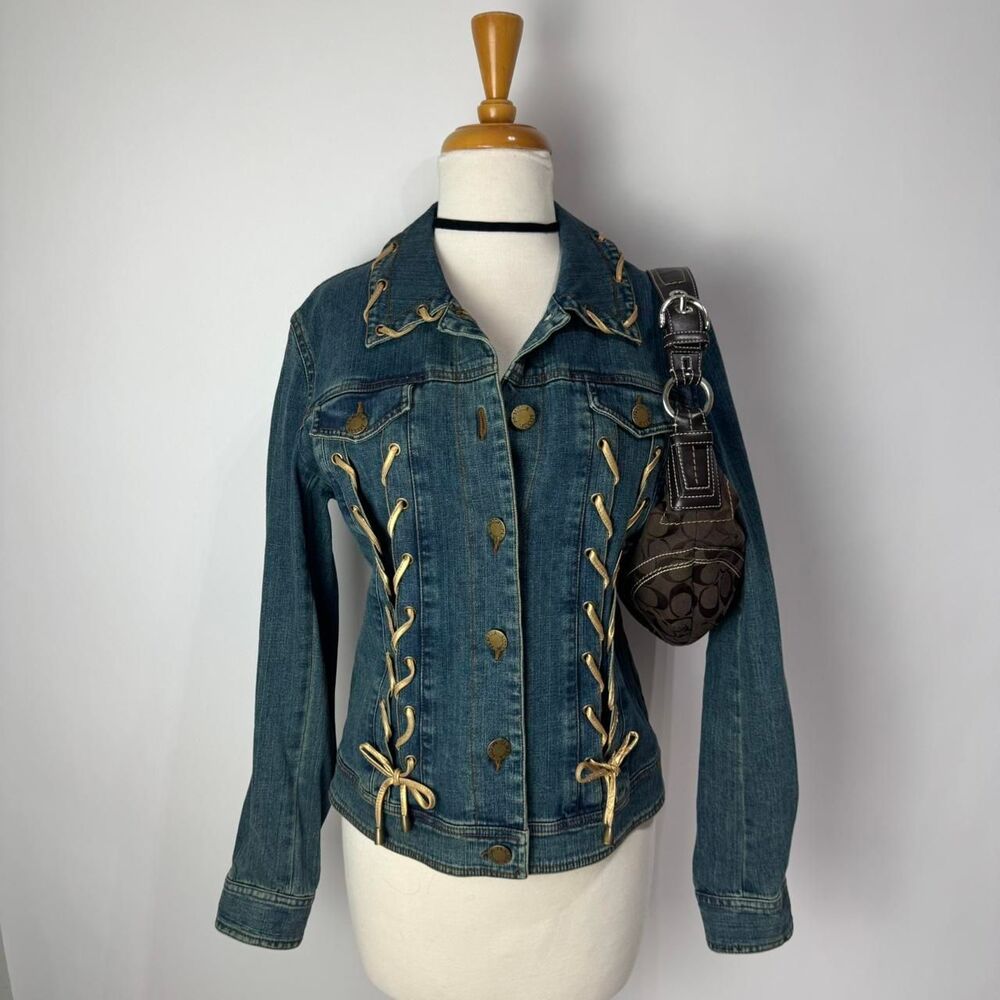 Pamela McCoy vintage 90s y2k denim jacket with lace up detail and gold buttons